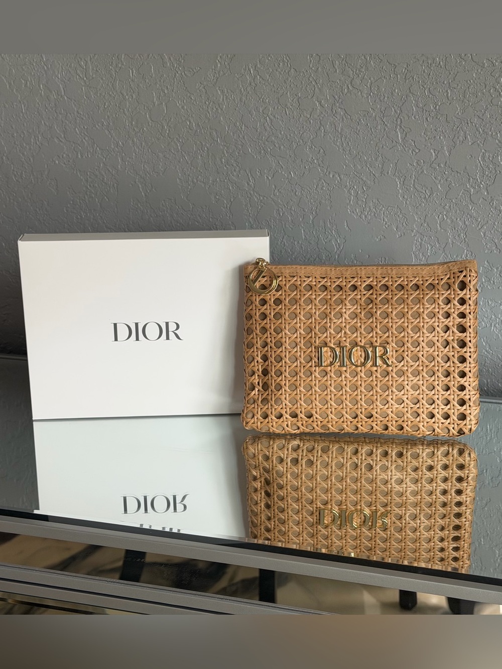 Dior Woven Rattan Clutch with Gold Logo - Tan